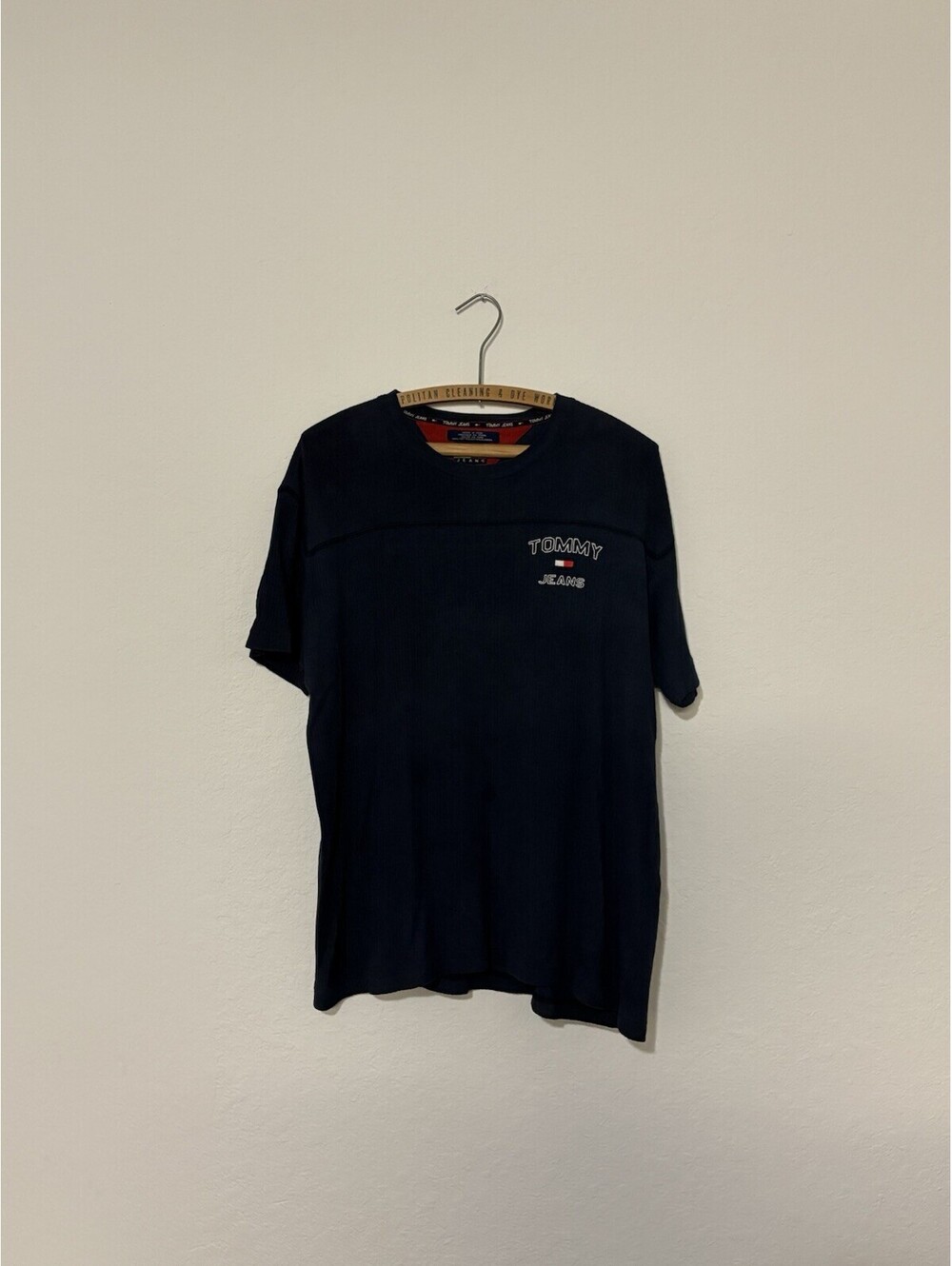 Tommy Jeans Vintage Y2K Navy Blue Ribbed Embroidered T Shirt Size Large